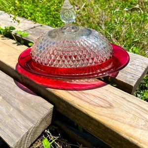 Vintage diamond point Indiana glass Ruby flash rim butter dish
